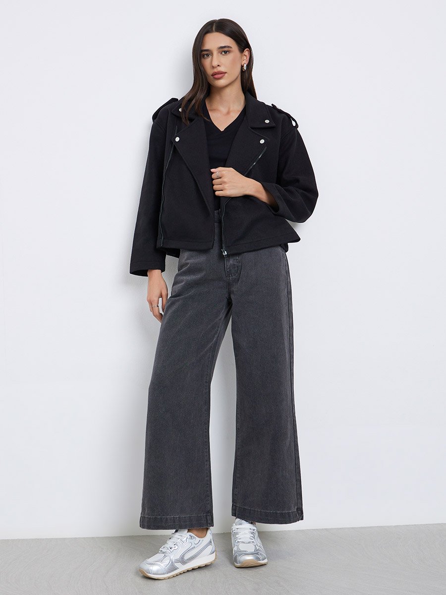 Black Boxy Fit Wool Like Biker Jacket