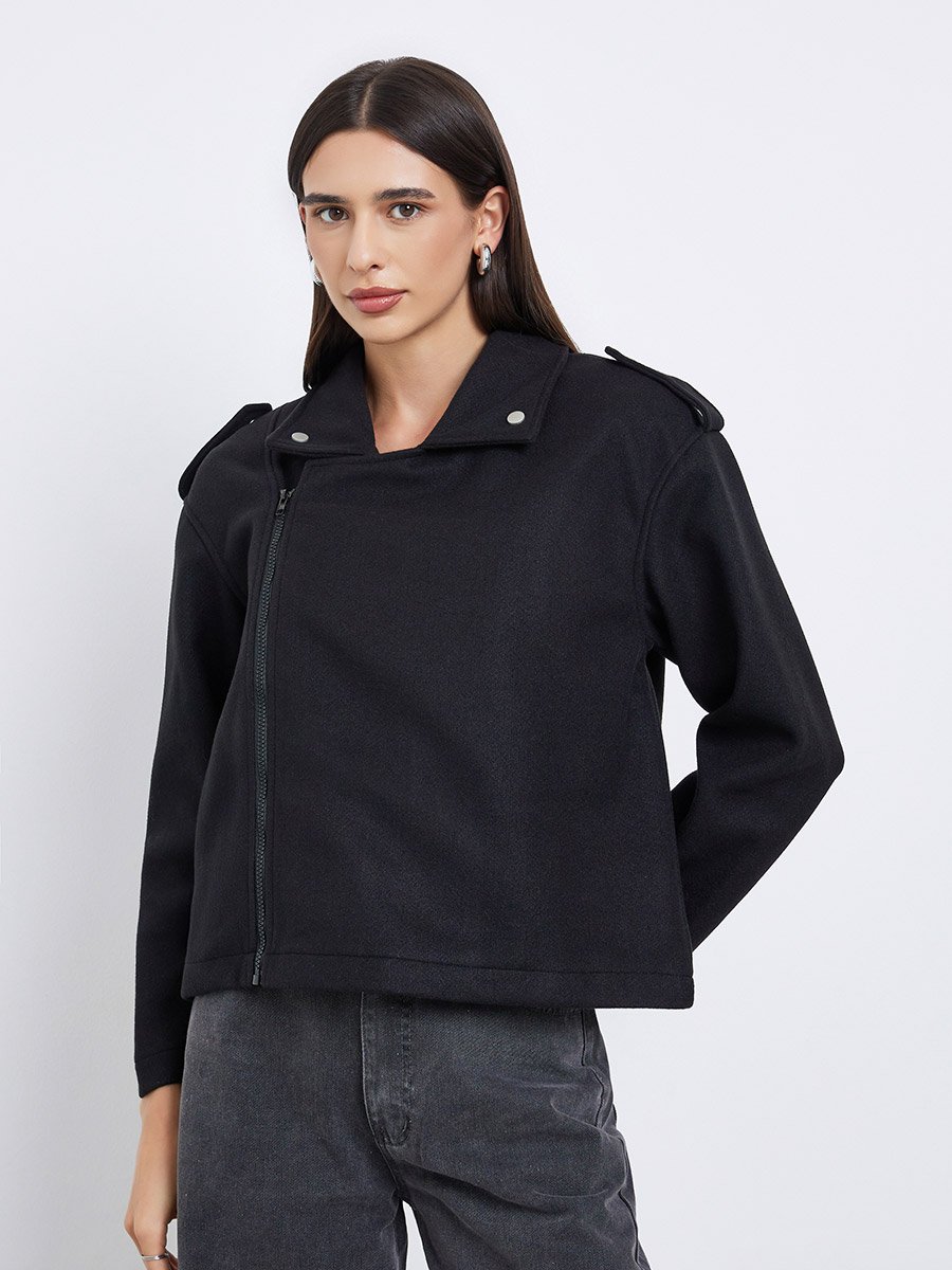 Black Boxy Fit Wool Like Biker Jacket