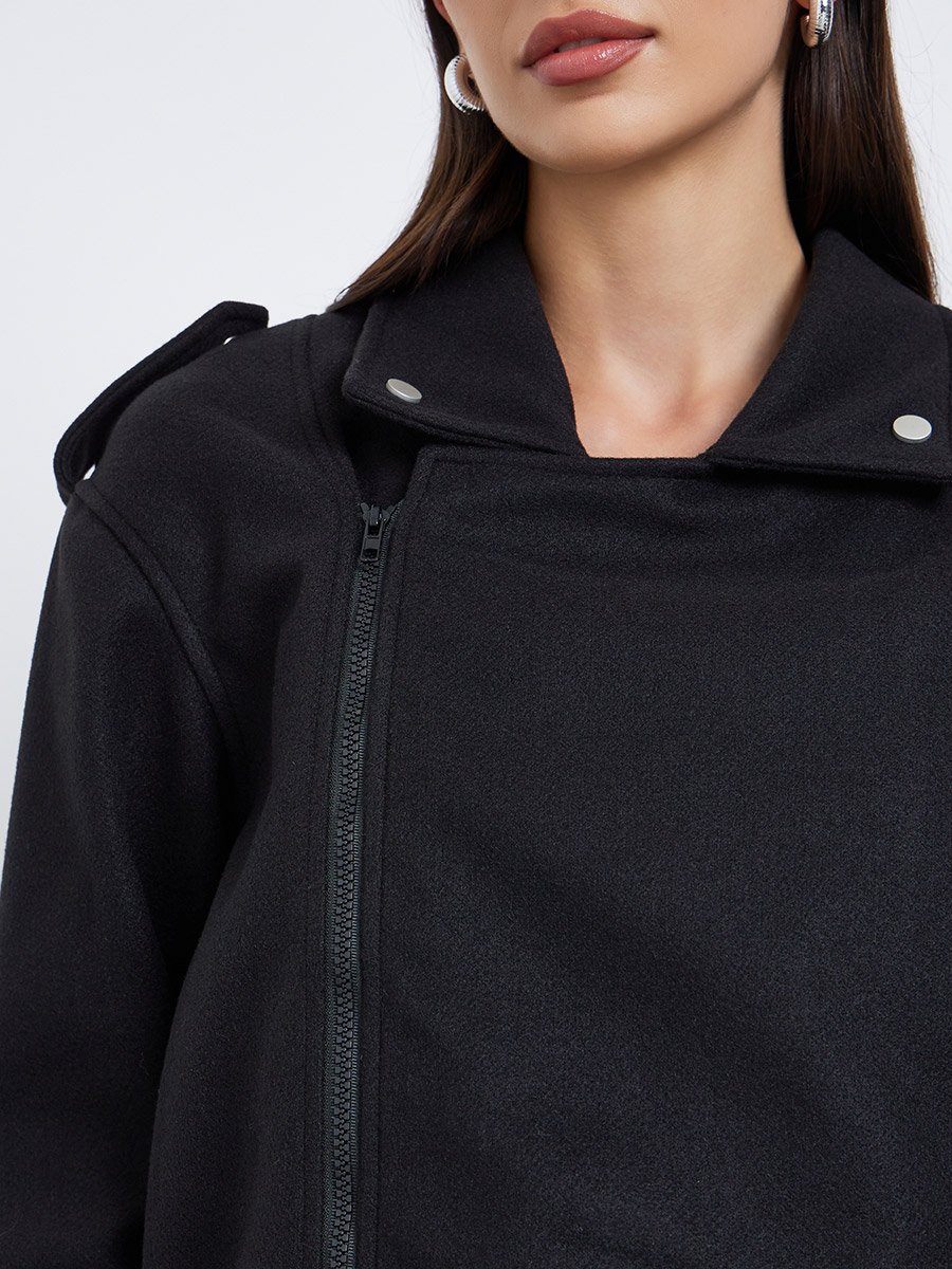 Black Boxy Fit Wool Like Biker Jacket