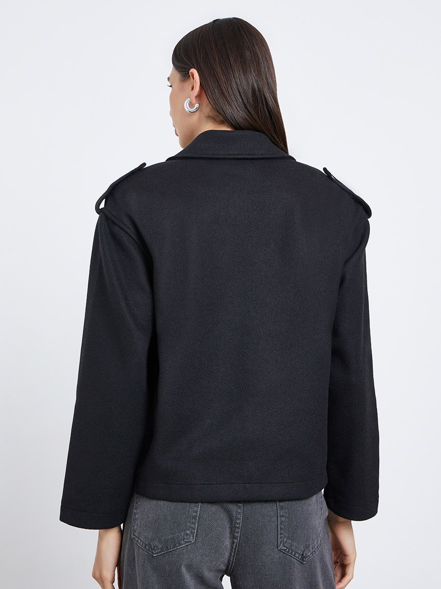 Black Boxy Fit Wool Like Biker Jacket