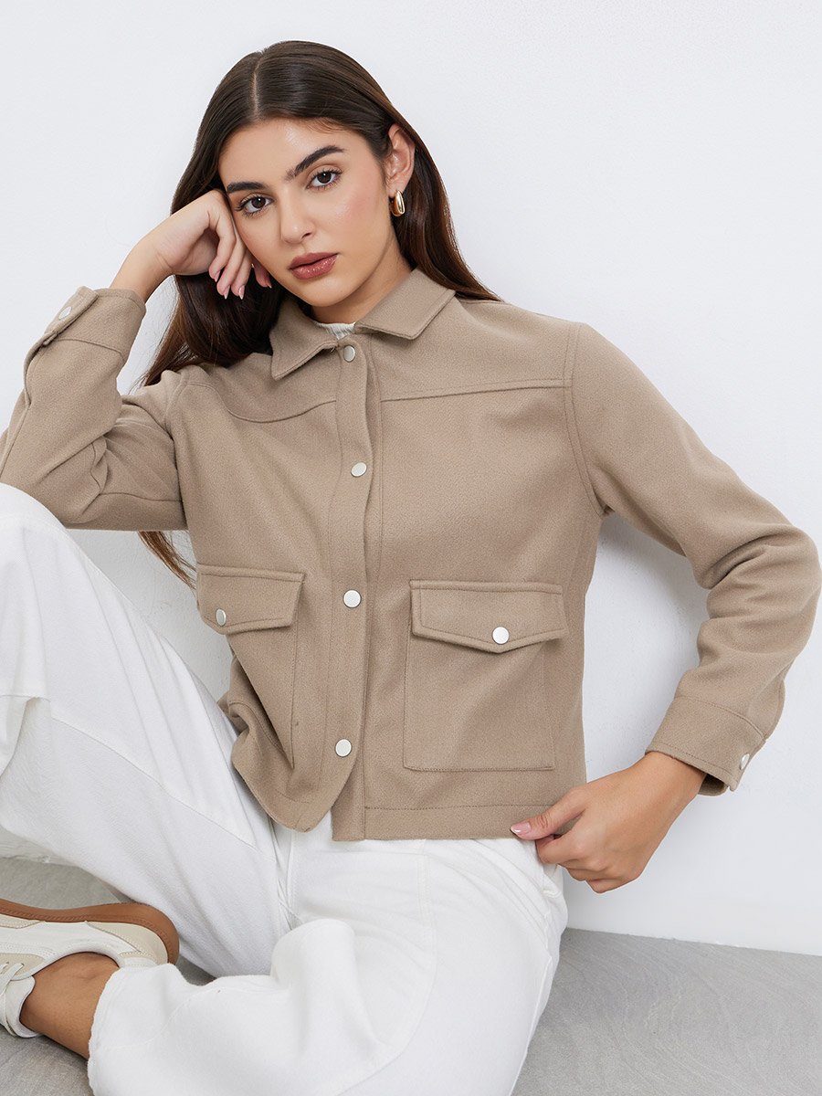 Beige Regular Fit Buttoned Trucker Jacket