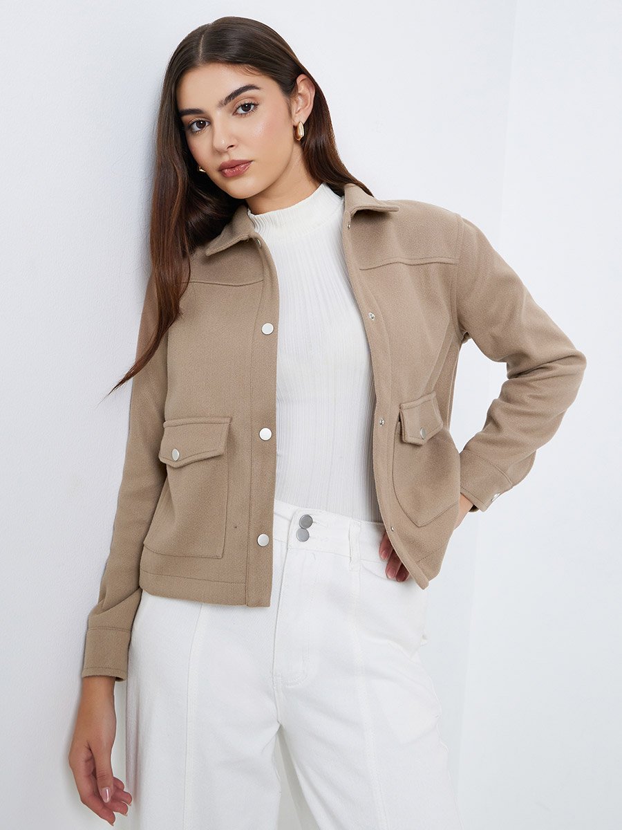 Beige Regular Fit Buttoned Trucker Jacket