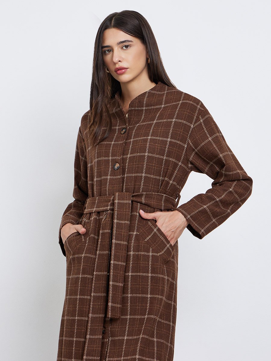 Brown Checked Print Wool Look Coat