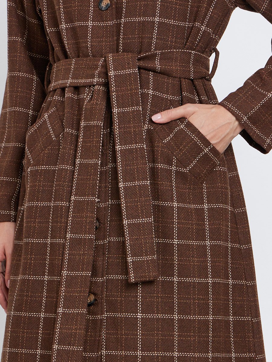 Brown Checked Print Wool Look Coat