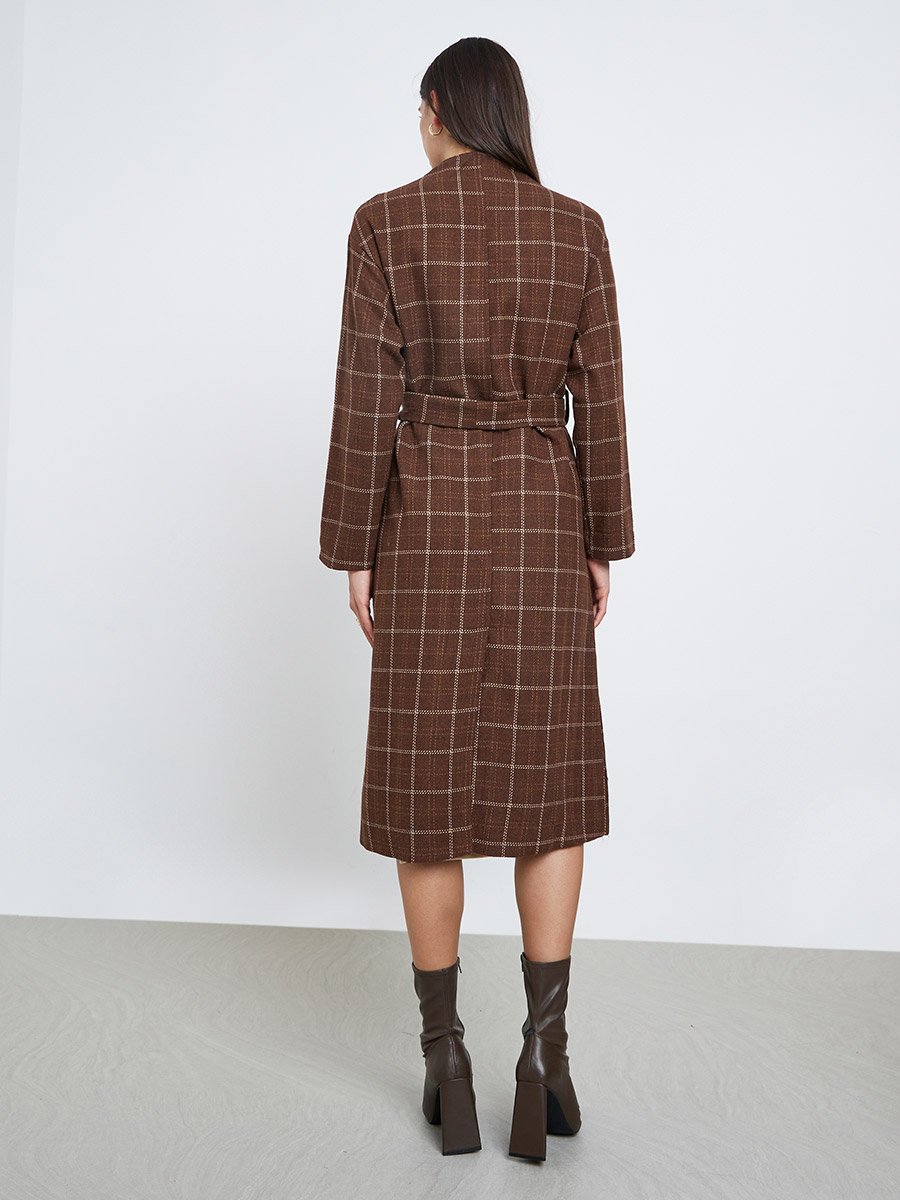 Brown Checked Print Wool Look Coat