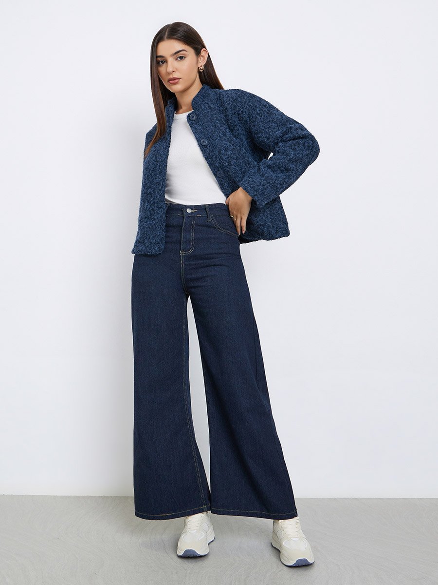Navy Blue Regular Fit Wool-Like Trucker Jacket