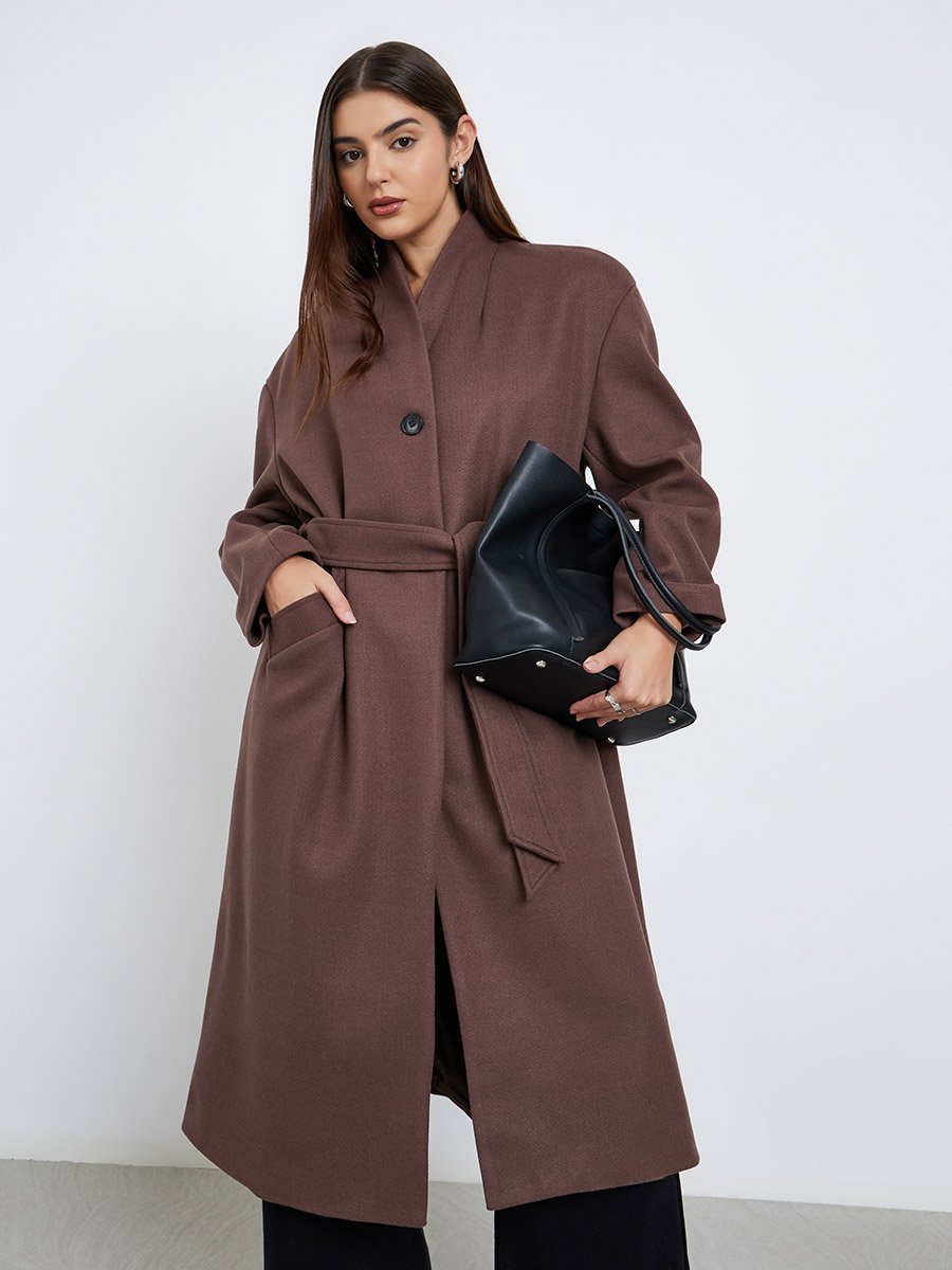 Brown Regular Fit Wool Like Belted Midi Coat