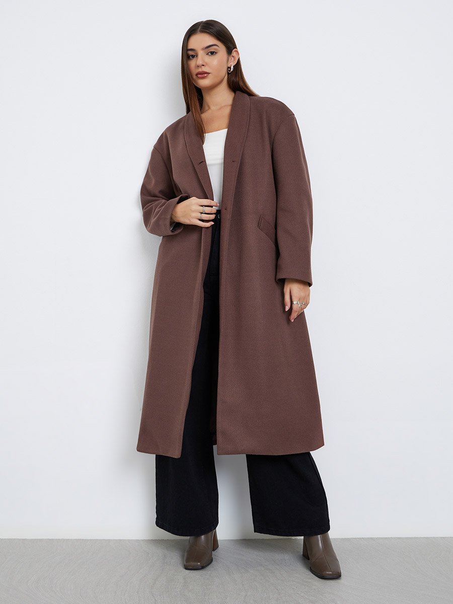 Brown Regular Fit Wool Like Belted Midi Coat