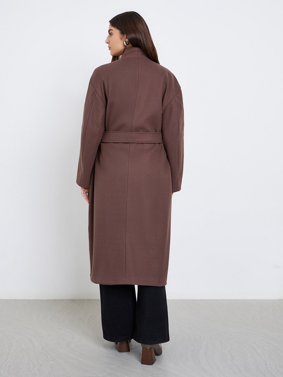 Brown Regular Fit Wool Like Belted Midi Coat
