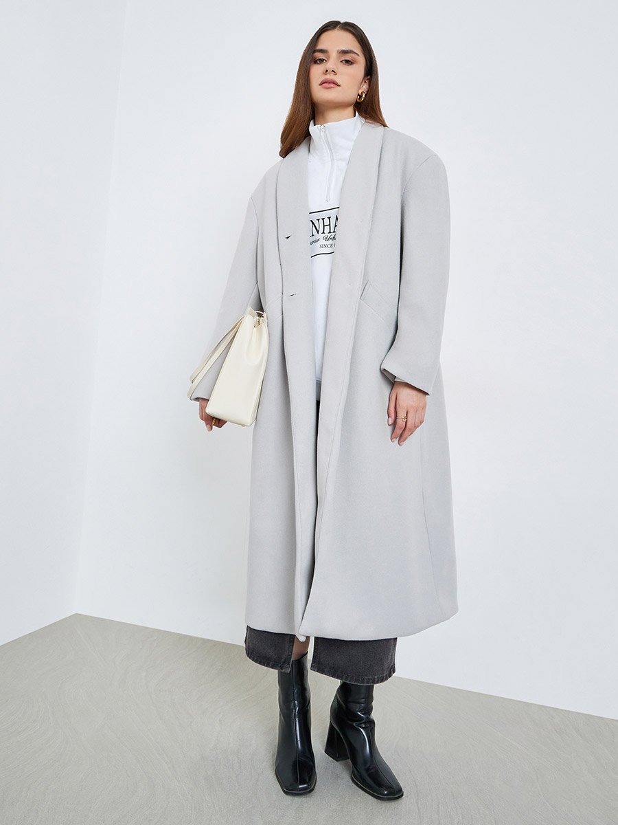 Women Grey Regular Fit Wool Like Belted Midi Coat