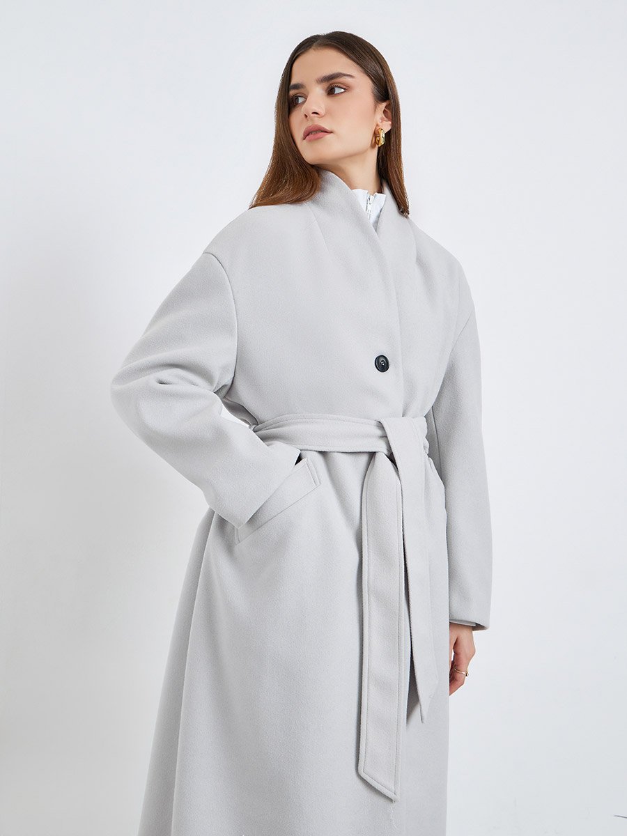 Women Grey Regular Fit Wool Like Belted Midi Coat