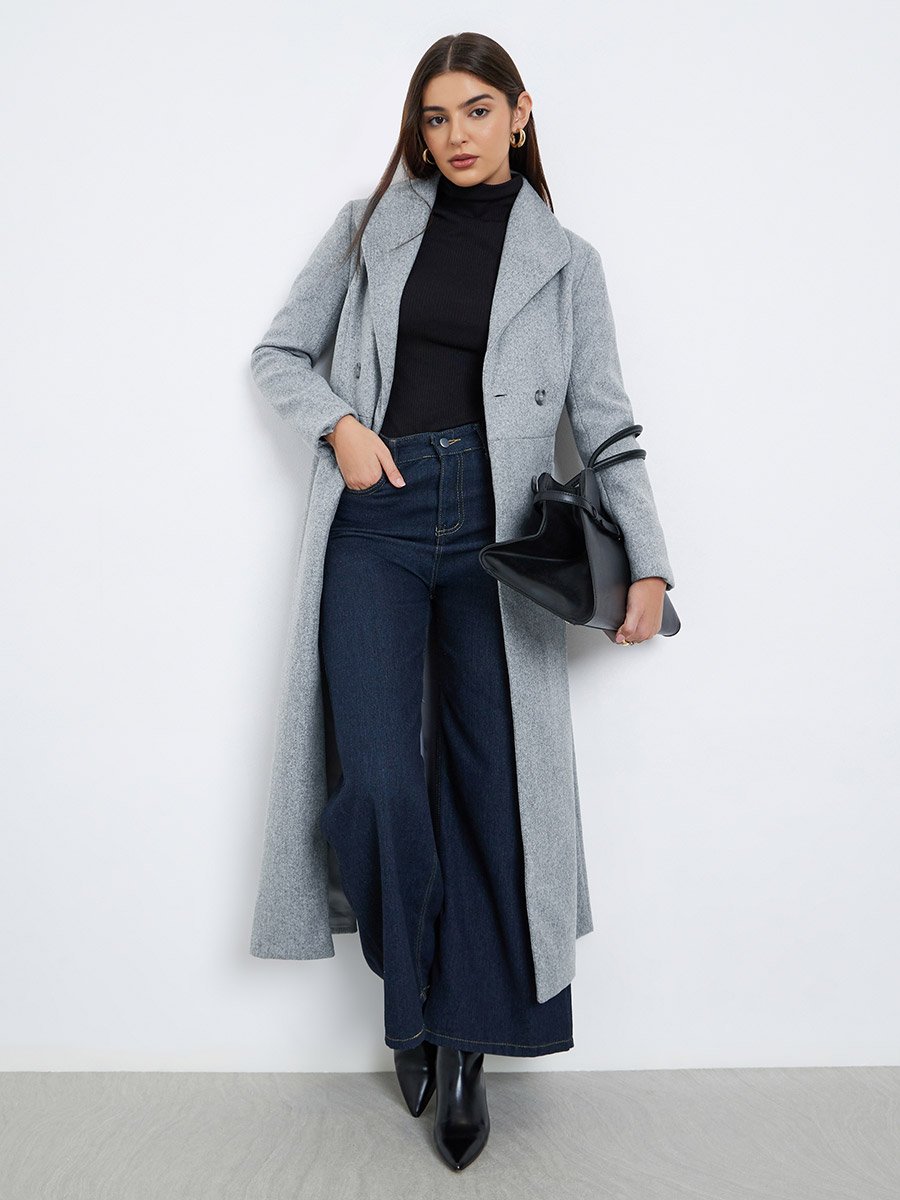Grey Regular Fit Wool Like Double Breasted Coat