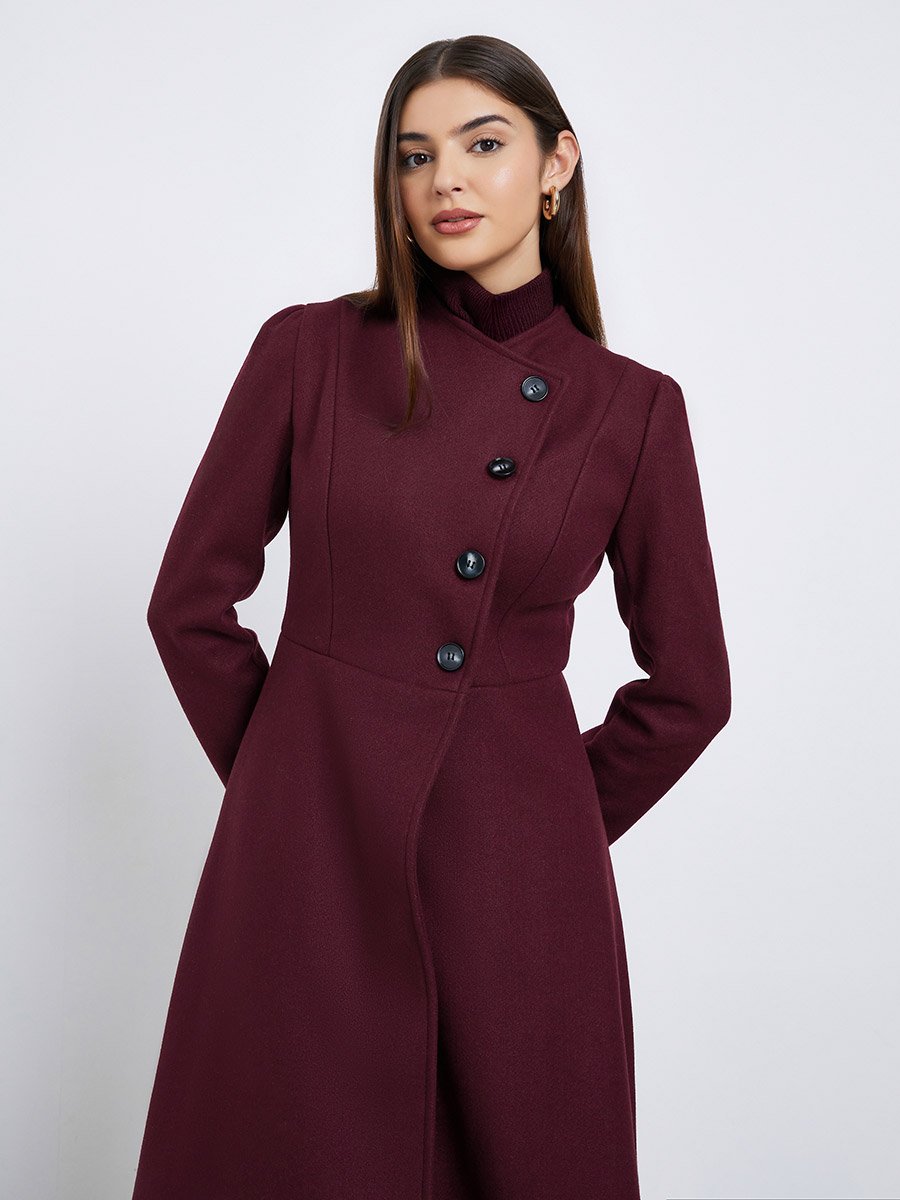 Burgundy Regular Fit Wool Like Midi Coat