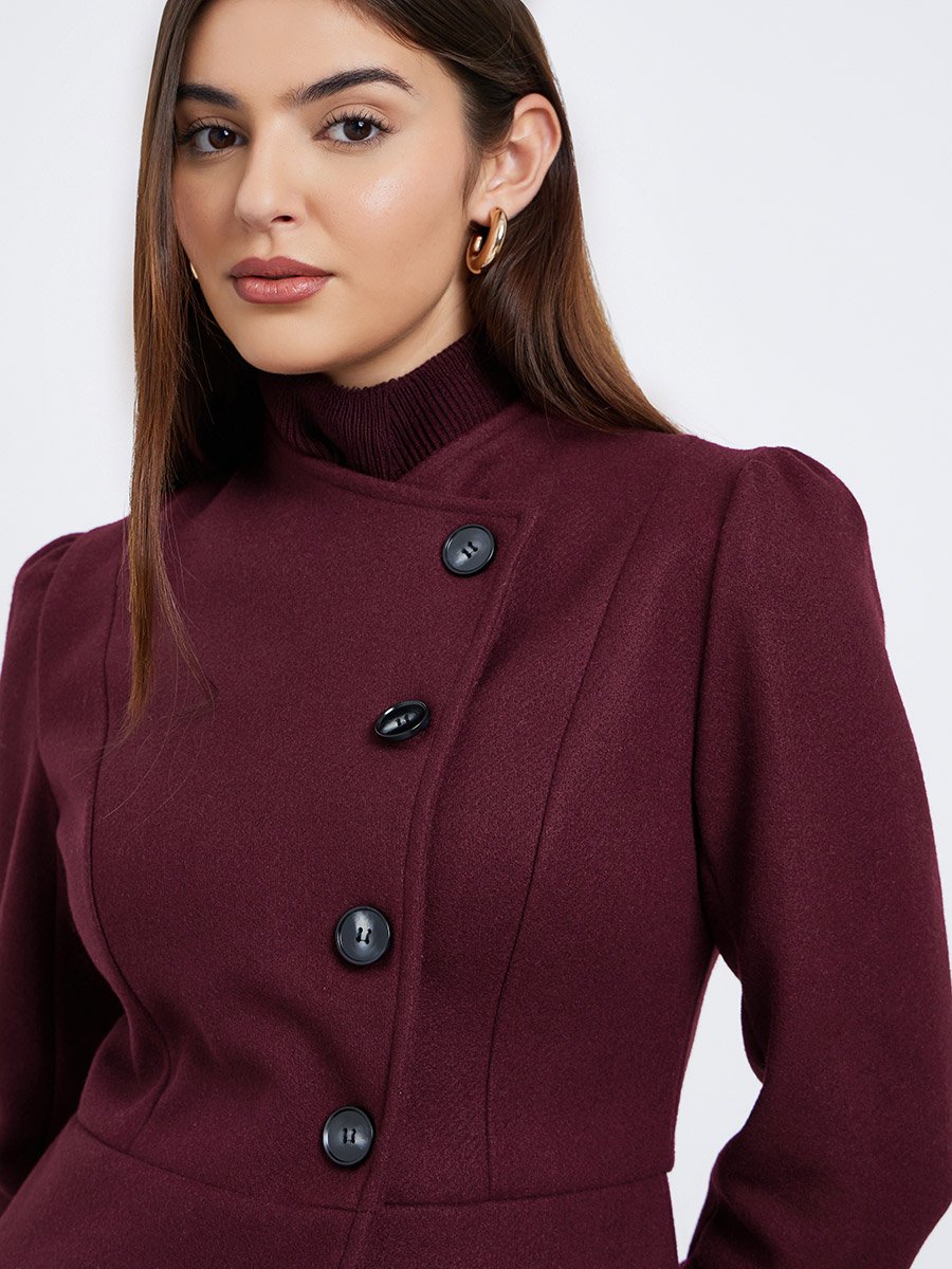 Burgundy Regular Fit Wool Like Midi Coat