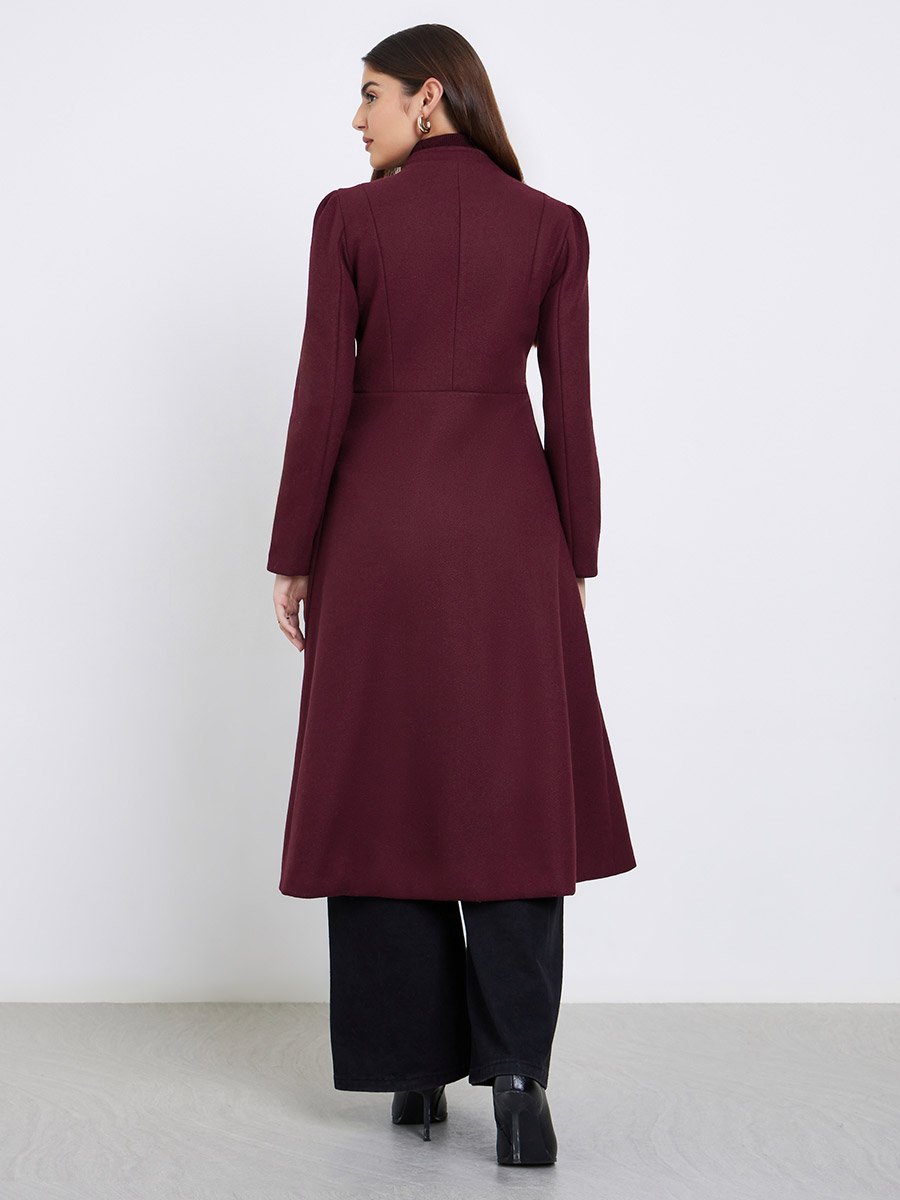 Burgundy Regular Fit Wool Like Midi Coat