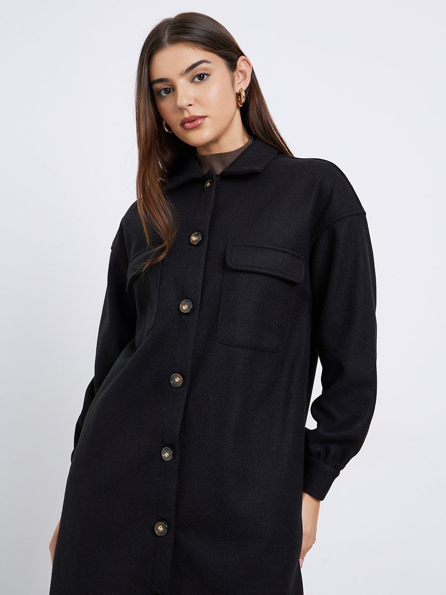 Black Oversized Wool Like Midi Coat