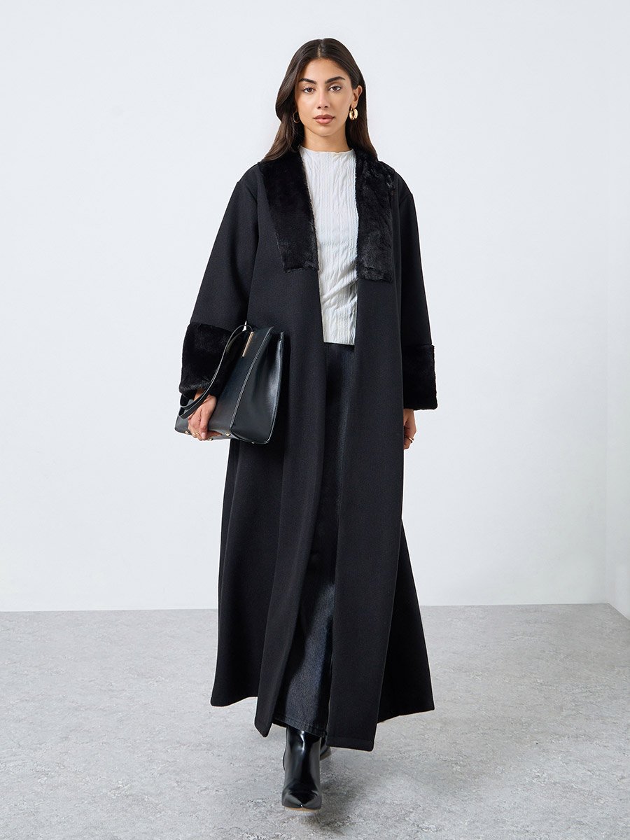 Black Faux Fur Collar Front Open Abaya