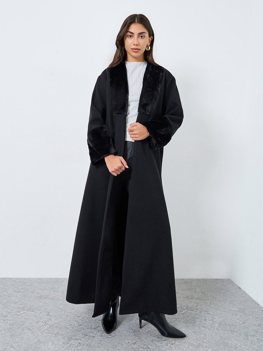 Black Faux Fur Collar Front Open Abaya