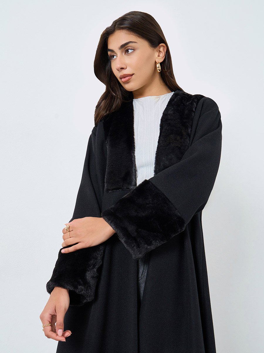 Black Faux Fur Collar Front Open Abaya