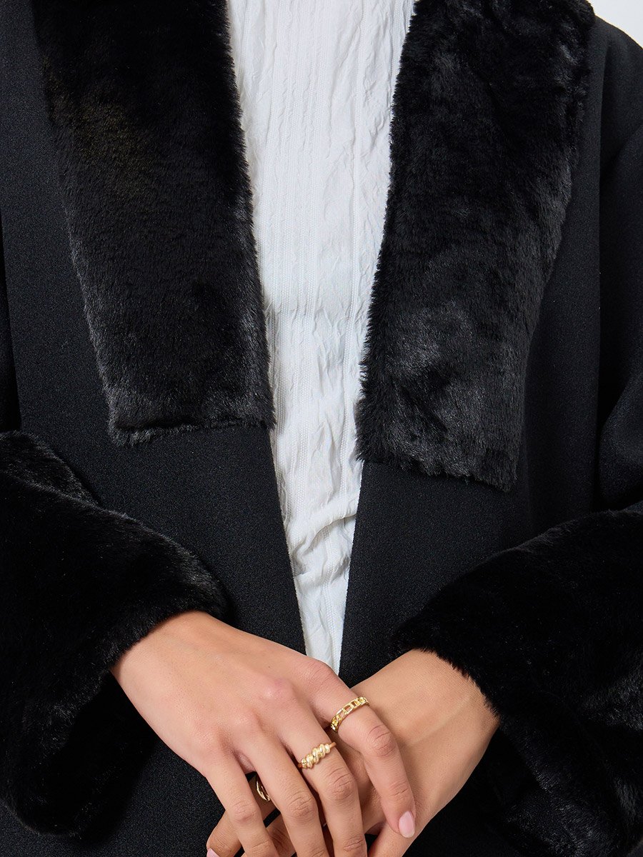 Black Faux Fur Collar Front Open Abaya