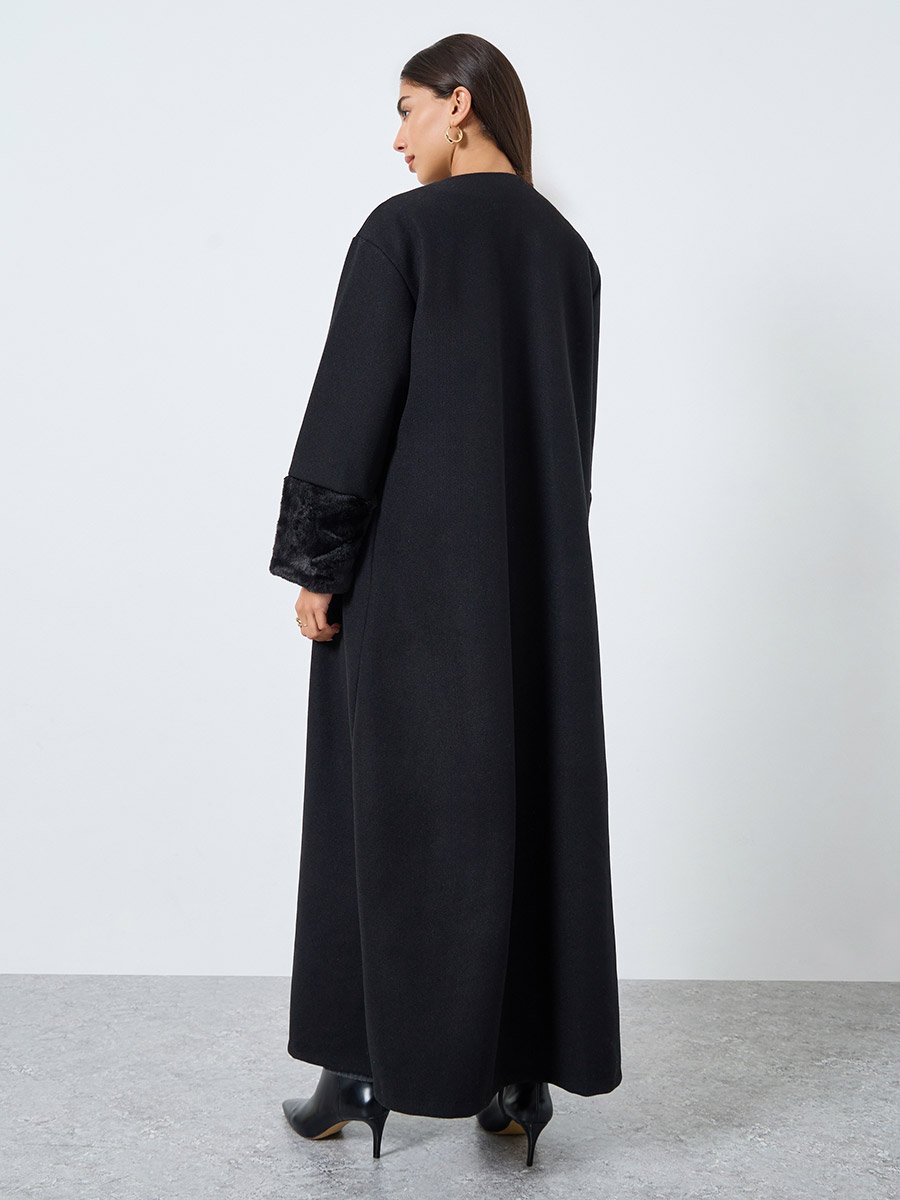 Black Faux Fur Collar Front Open Abaya