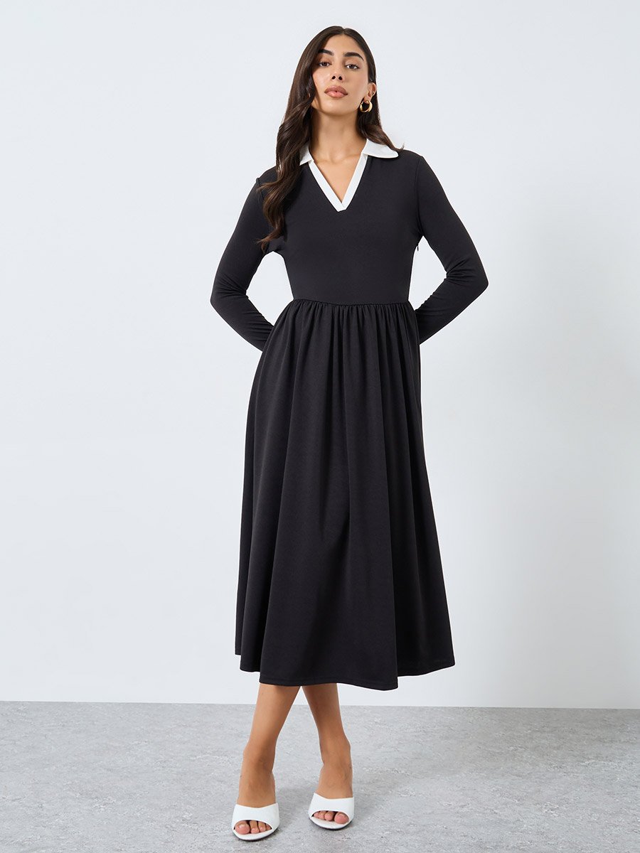 Black Midi Dress with Open Collar