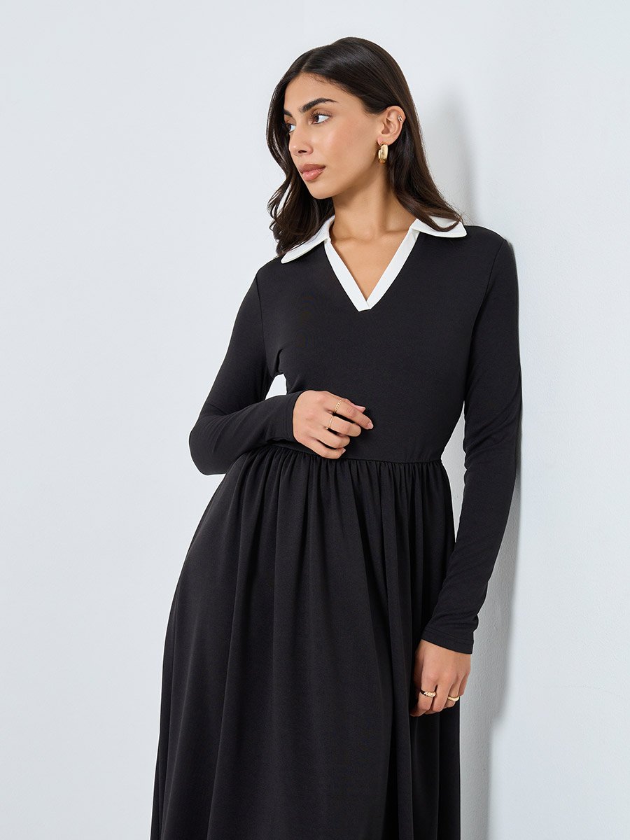 Black Midi Dress with Open Collar