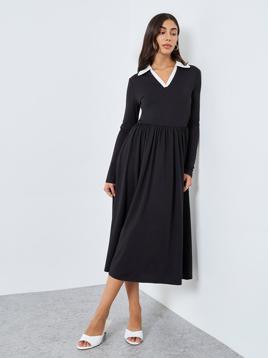 Black Midi Dress with Open Collar