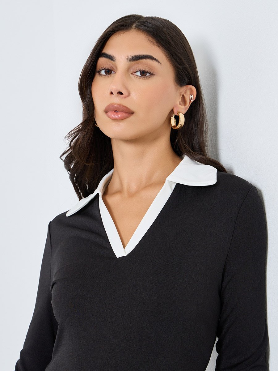 Black Midi Dress with Open Collar