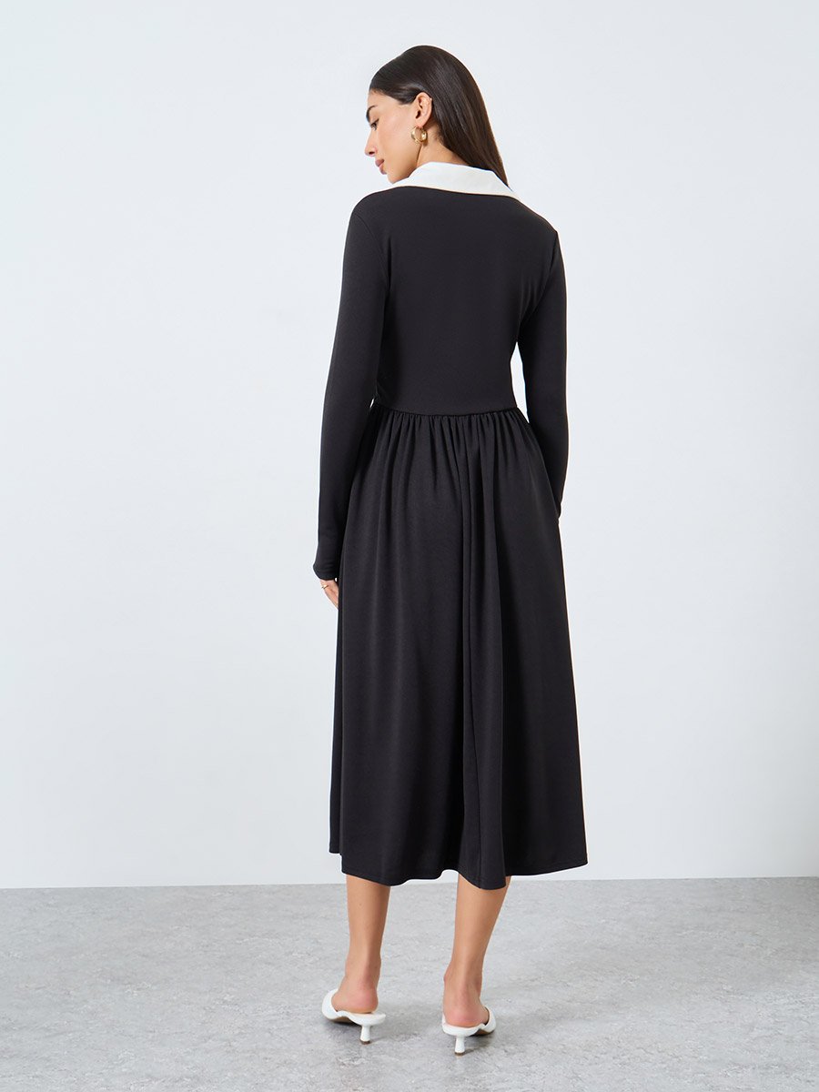 Black Midi Dress with Open Collar