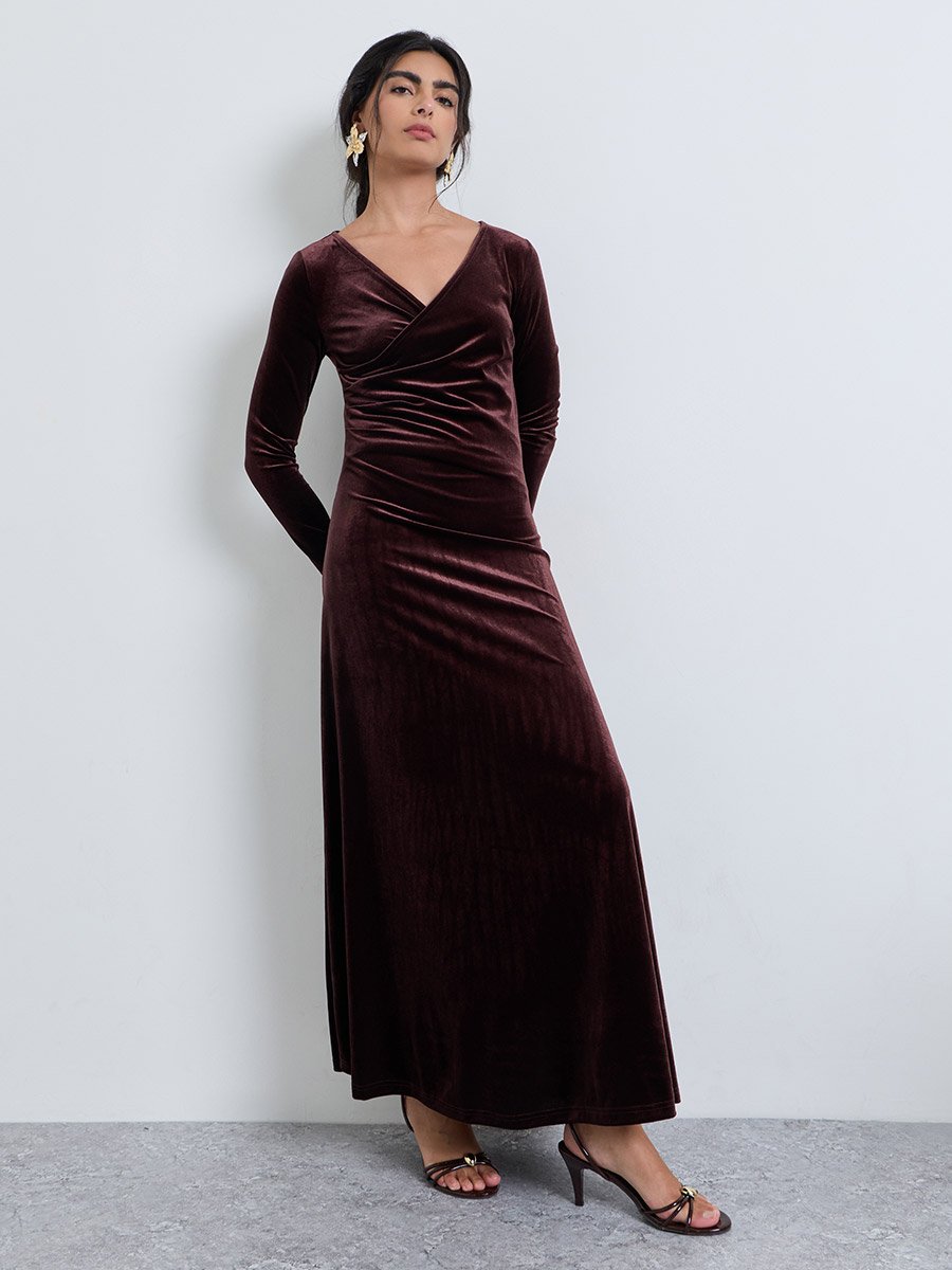 Brown Velvet Look Wrap Front Maxi Evening Dress