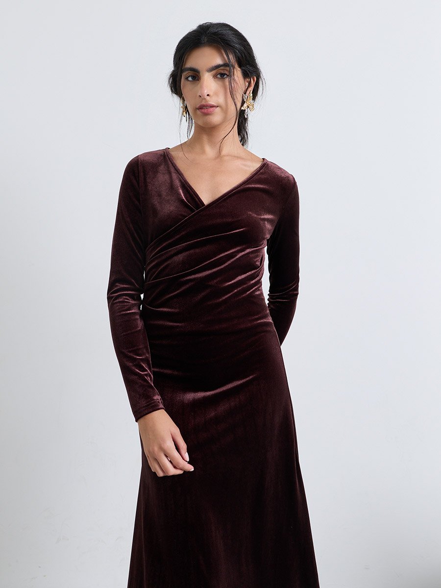 Brown Velvet Look Wrap Front Maxi Evening Dress