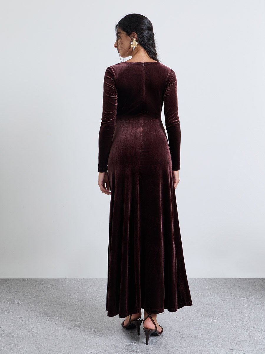 Brown Velvet Look Wrap Front Maxi Evening Dress