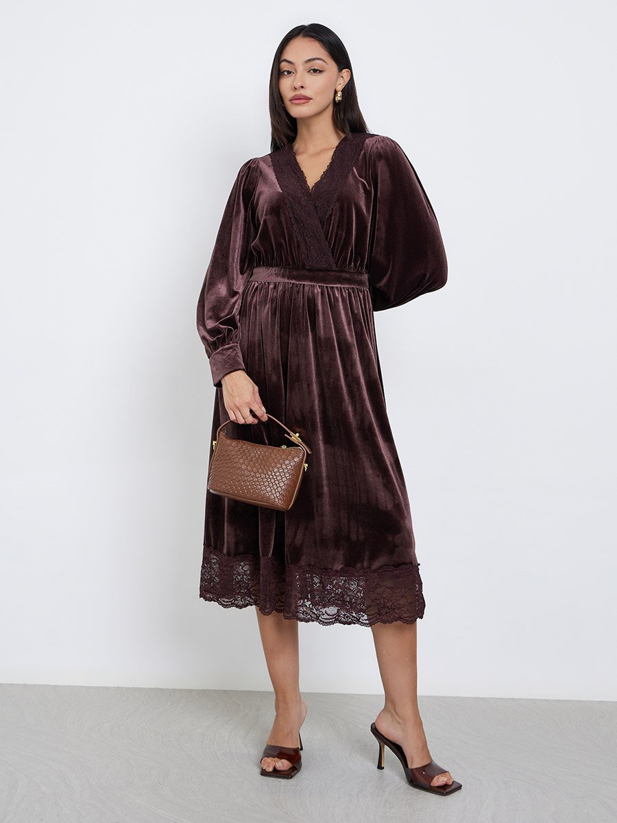 Brown Velvet Look Lace Trim A-Line Midi Dress