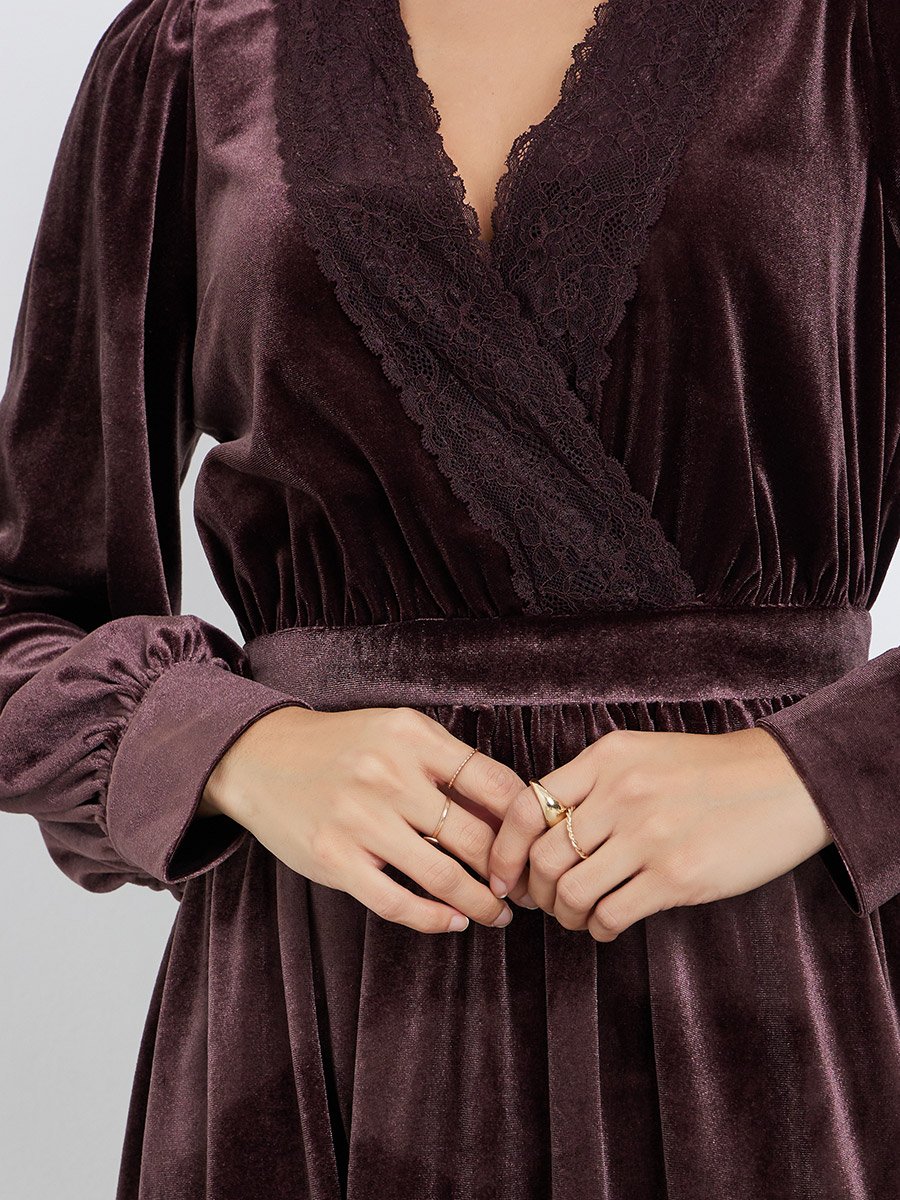 Brown Velvet Look Lace Trim A-Line Midi Dress