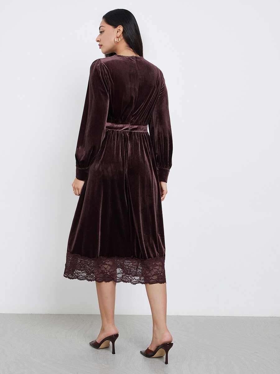 Brown Velvet Look Lace Trim A-Line Midi Dress