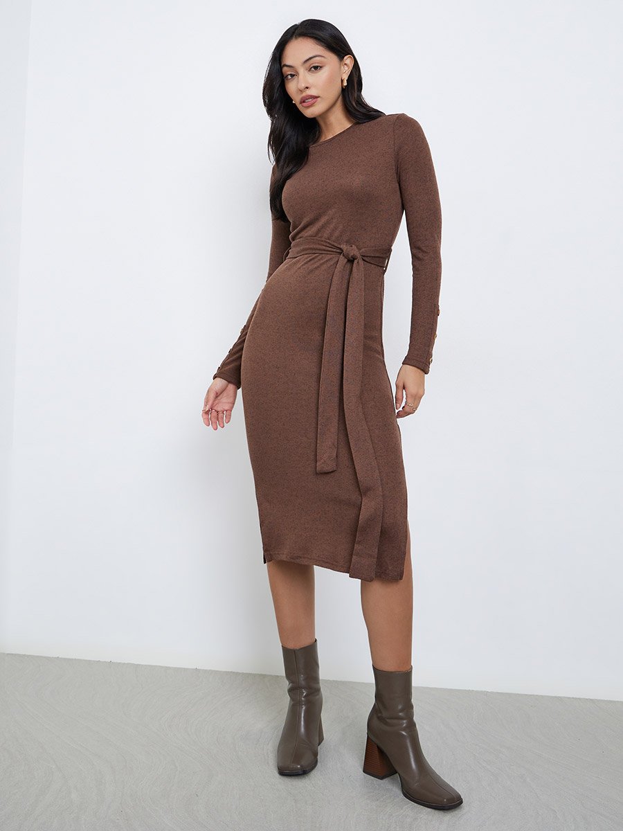 Brown Knit Midi Dress with Tie Belt