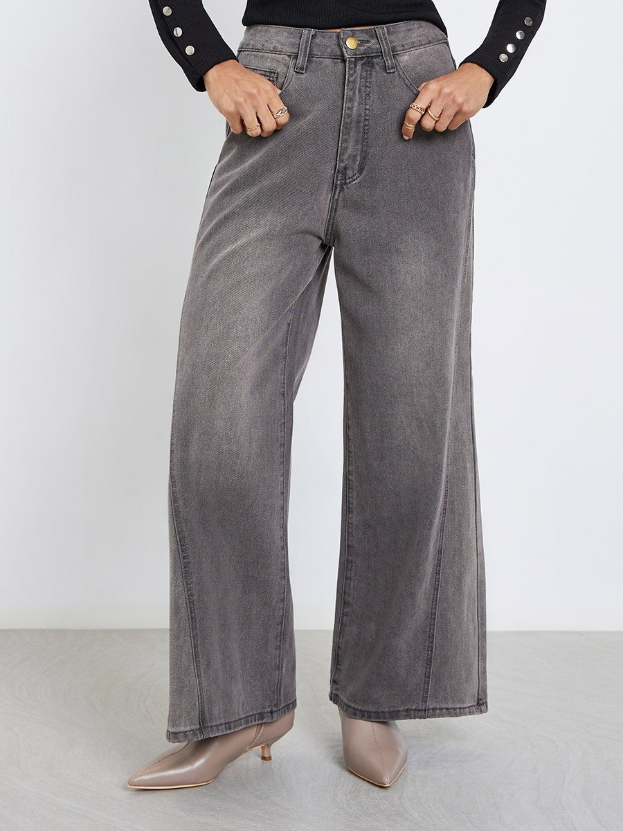 High Rise Triangle Panelled Side Seam Wide Leg Jeans