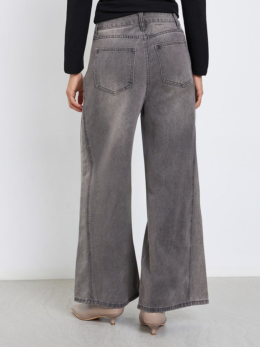 High Rise Triangle Panelled Side Seam Wide Leg Jeans
