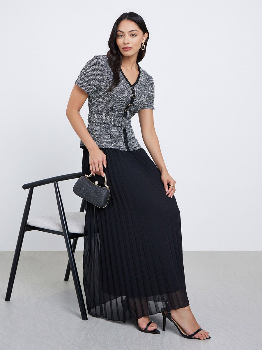 Black Tweed Pleated Maxi Evening Dress