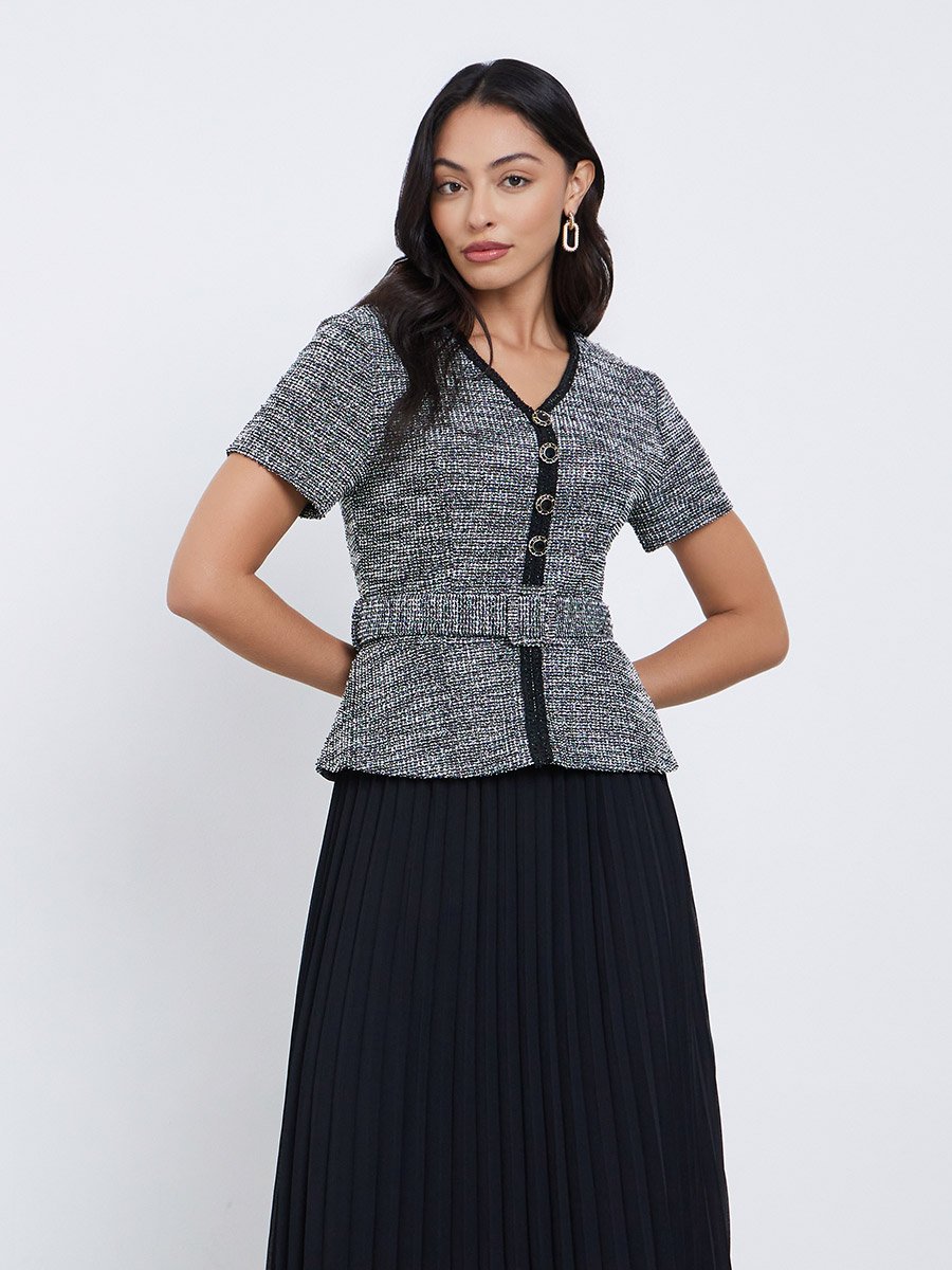 Black Tweed Pleated Maxi Evening Dress