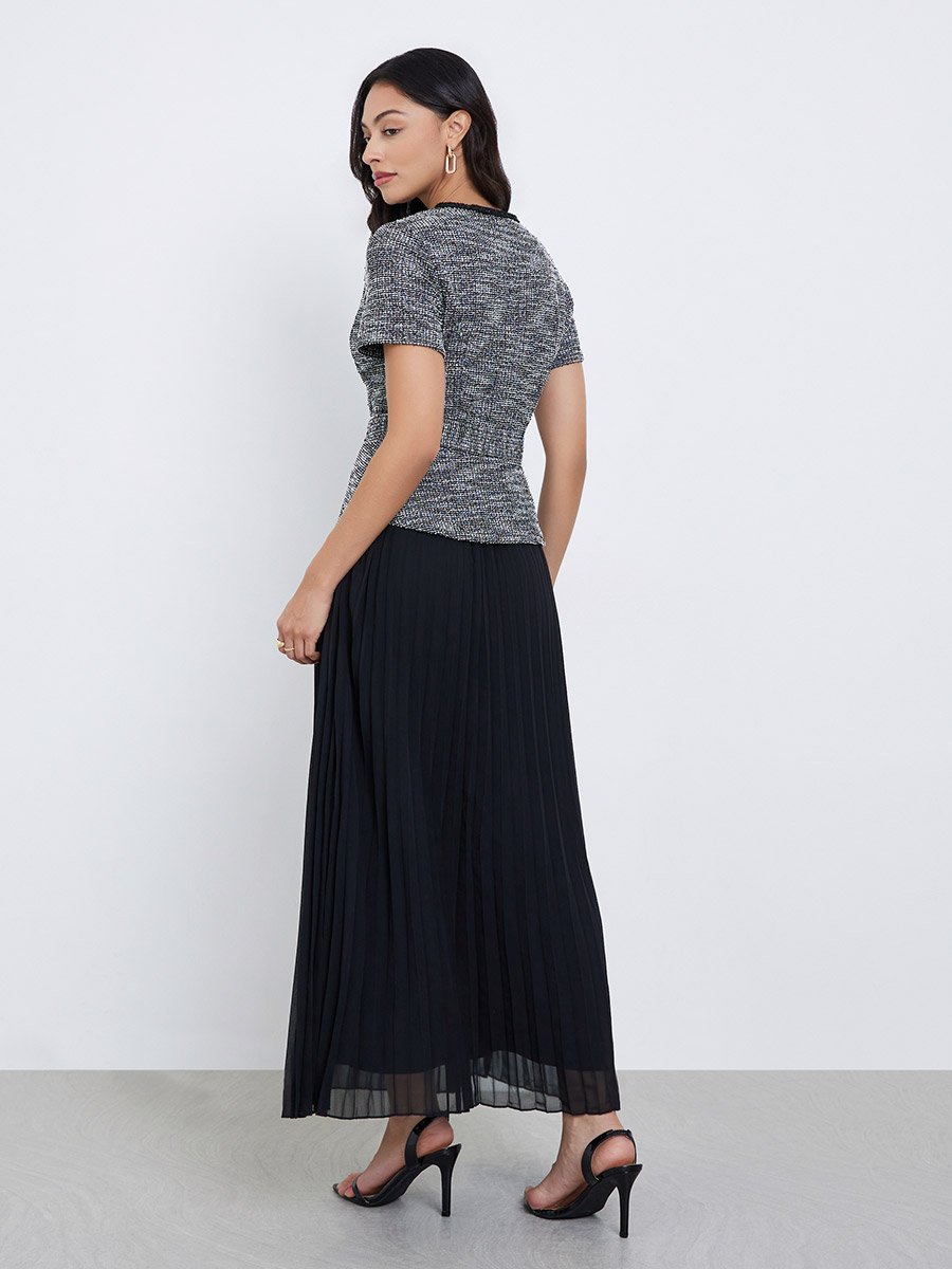 Black Tweed Pleated Maxi Evening Dress