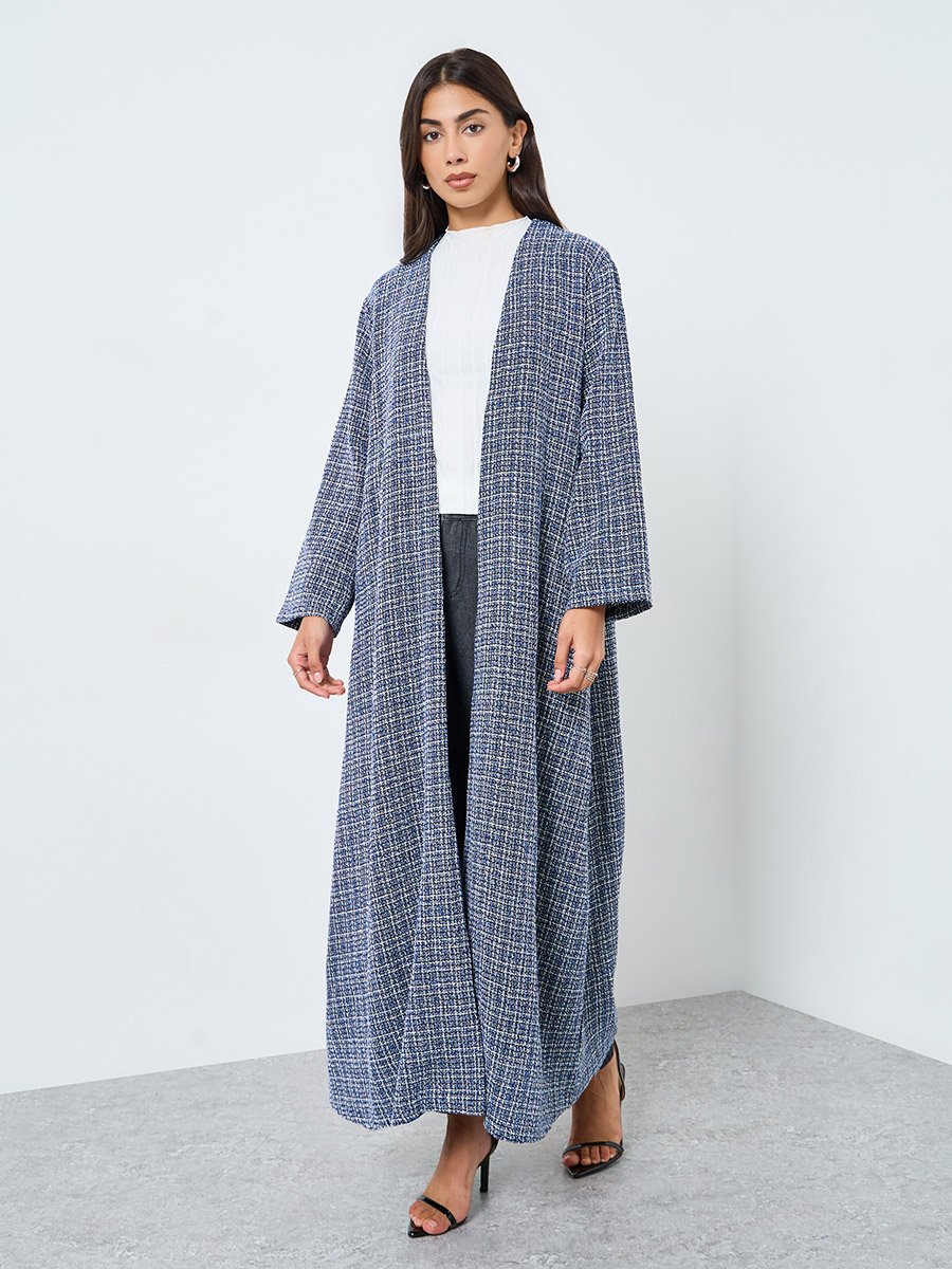 Navy Blue Front Open Tweed Abaya