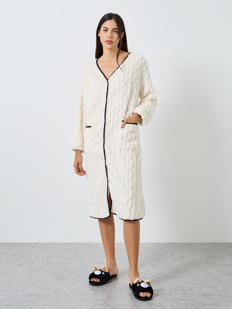Cable Fleece Contrast Trim Nightshirt Dress