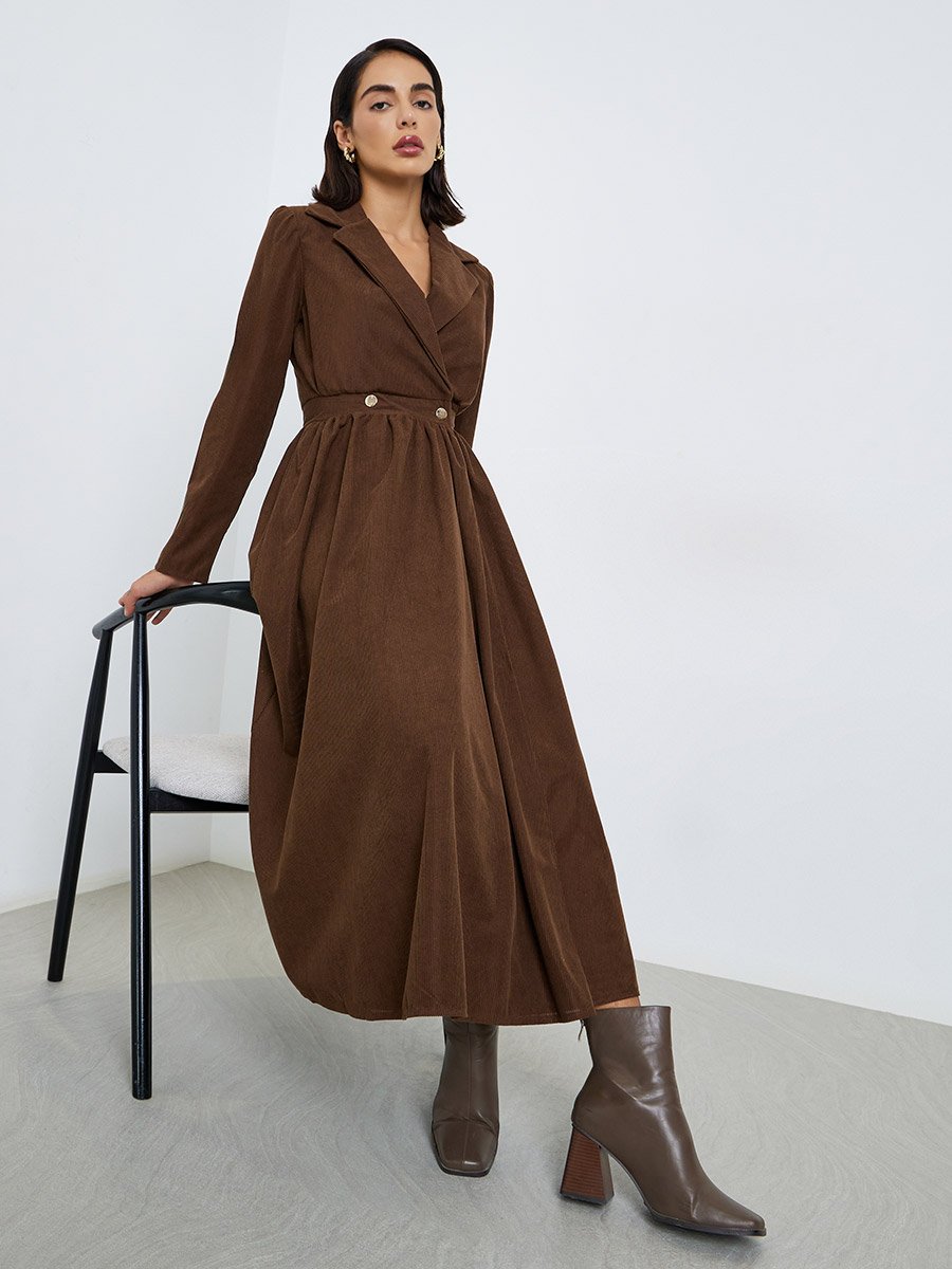 Women Brown Corduroy Blazer Midi Dress For Women at Bahrain | Styli