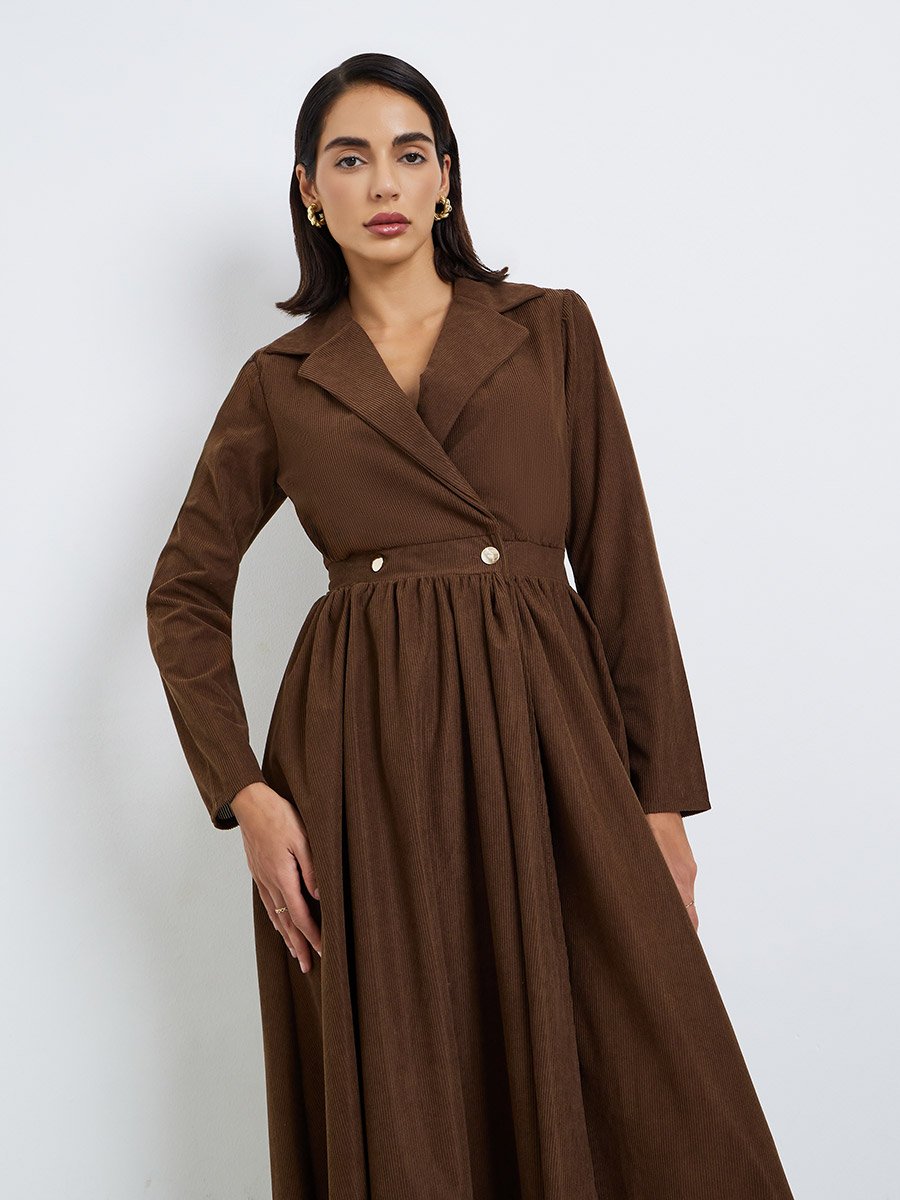 Women Brown Corduroy Blazer Midi Dress For Women at UAE | Styli