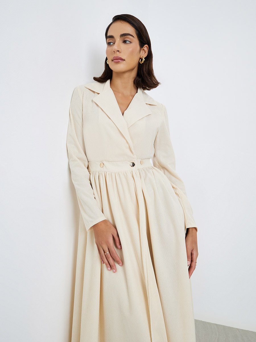 Cream Collared Long Sleeve Midi Blazer Dress