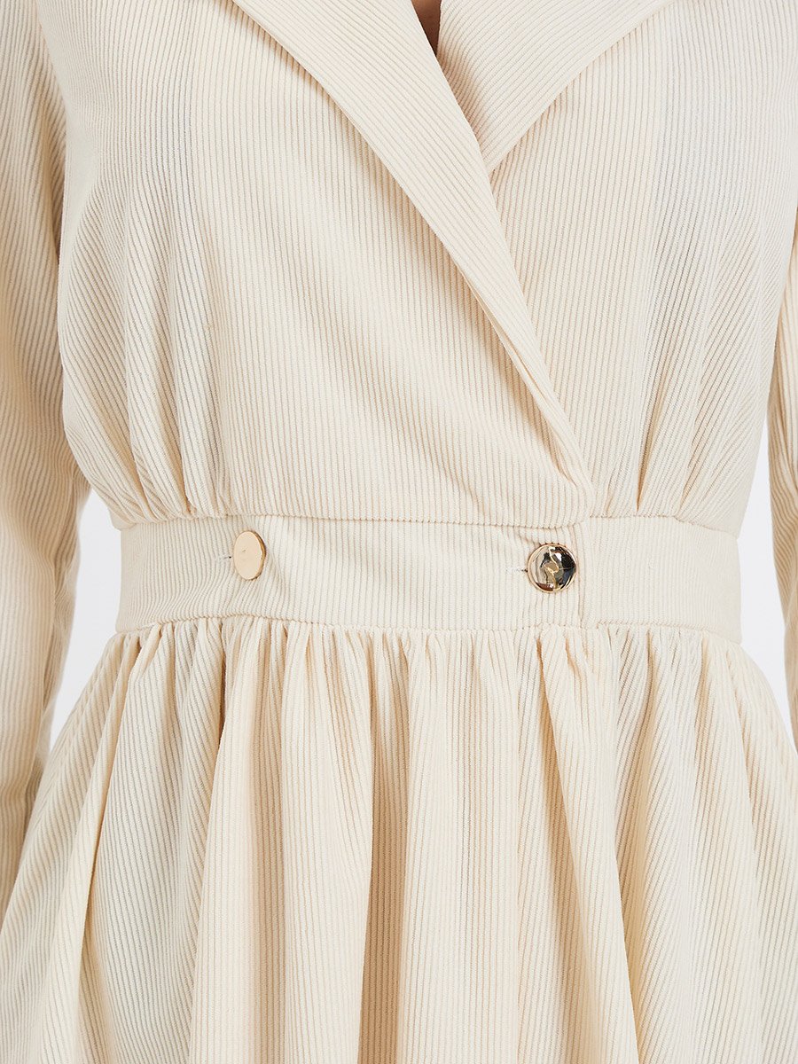 Cream Collared Long Sleeve Midi Blazer Dress