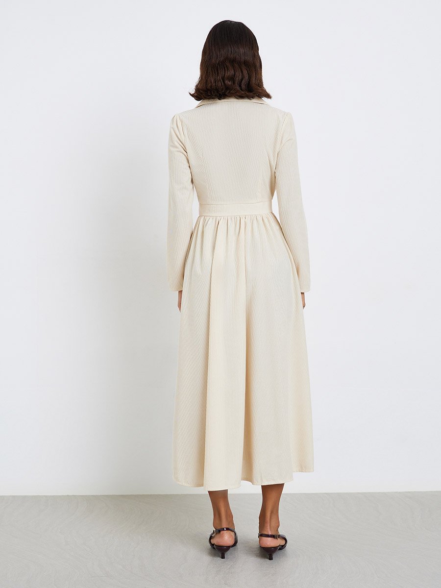 Cream Collared Long Sleeve Midi Blazer Dress