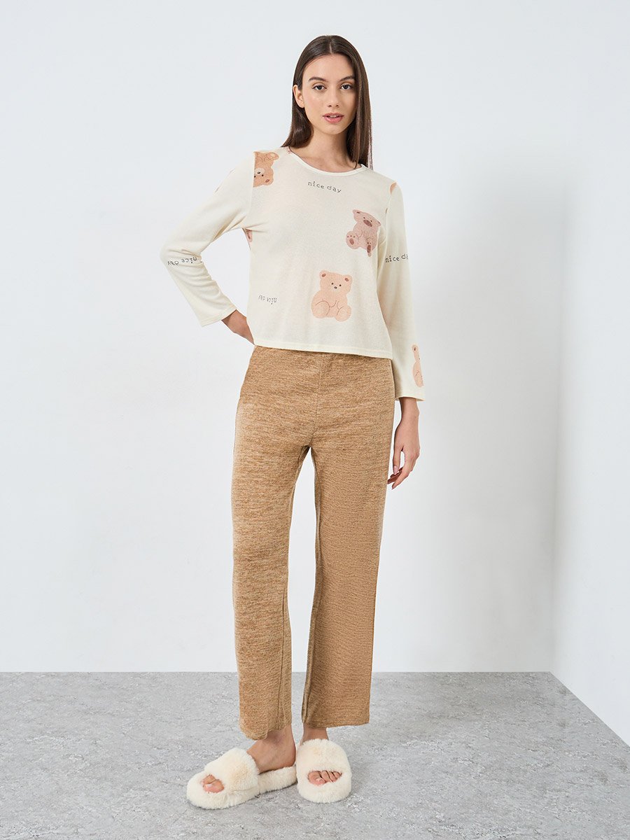 Cozy Beige Bear Print T-Shirt and Pyjama Set